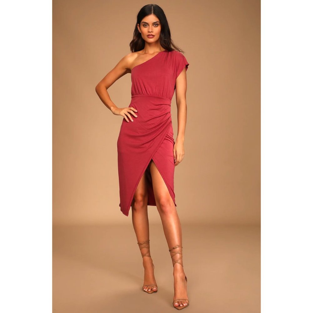 Lulus Raise a Glass Washed Red One-Shoulder Midi Dress Size XS
